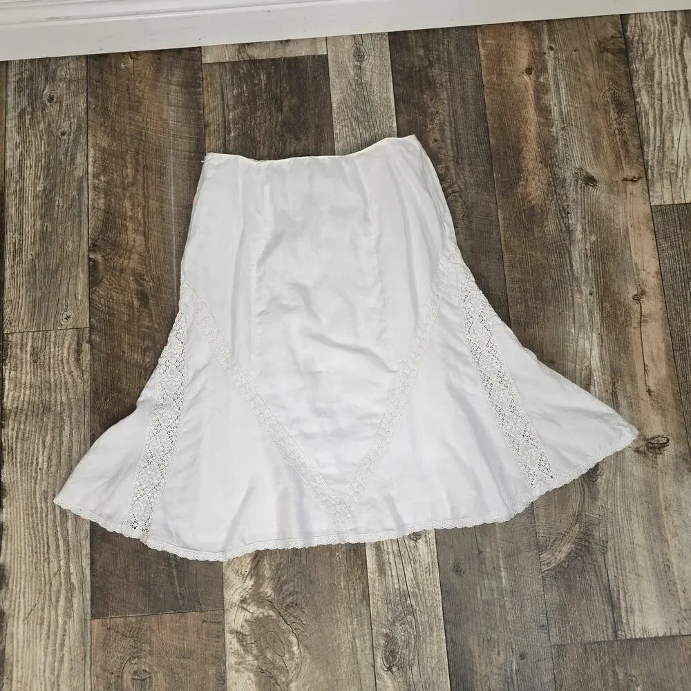 Vintage White Linen Midi Skirt Lace Trim Cottagecore Boho Prairie Size 12